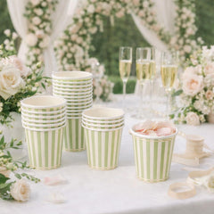 Sage Green Striped Paper Party Cups Pack of 8 for Weddings and Birthdays 7.5 cm