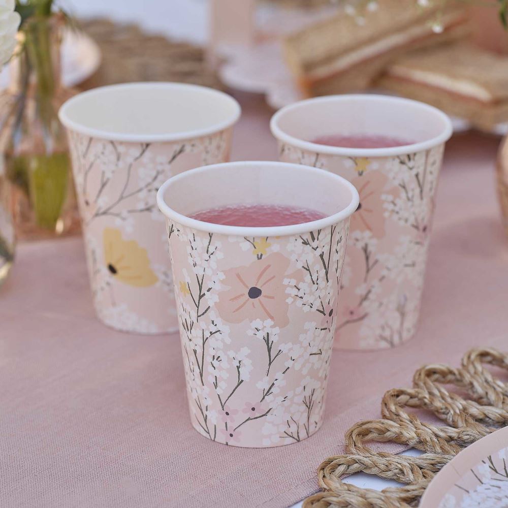 pink-floral-party-paper-cups-x-8-hen-party-baby-shower|BBL-116|Luck and Luck| 1