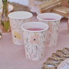 pink-floral-party-paper-cups-x-8-hen-party-baby-shower|BBL-116|Luck and Luck| 1