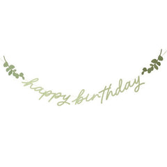 Botanical Happy Birthday Banner in Green Paper for Modern Party Styling, 2 m