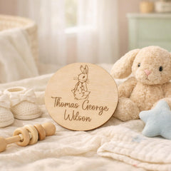 Personalised Peter Rabbit Wooden Name Announcement Disc New Baby Keepsake 9.9 cm