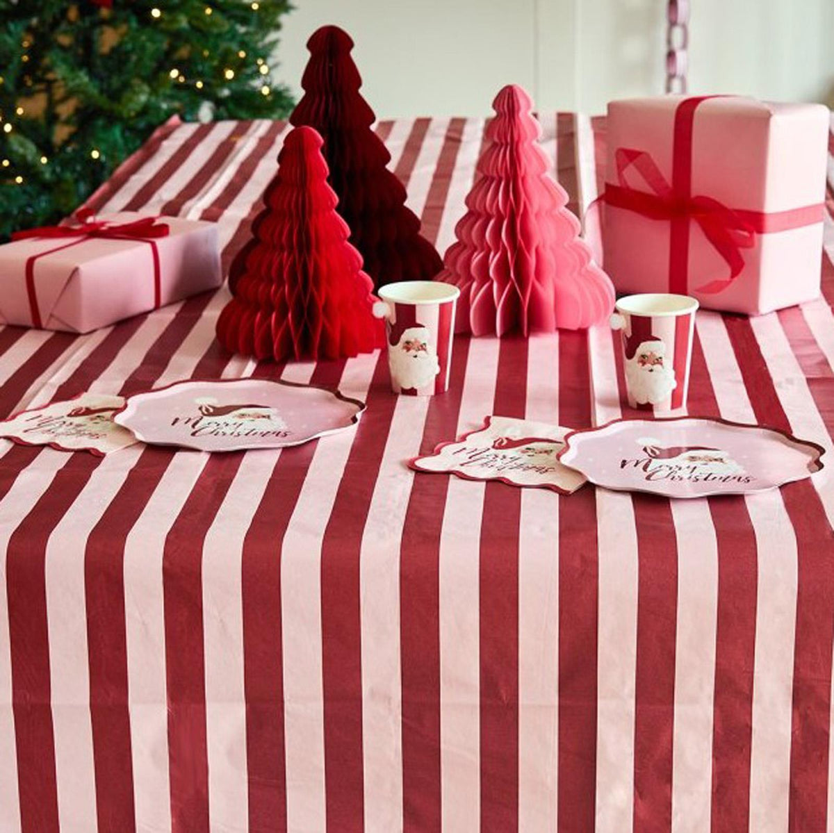 Festive Pink and Red Stripe Paper Tablecloth for Christmas Party Tables at Home 2.6m