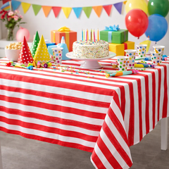 Red & White Striped Polyester Tablecloth for Parties & Celebrations (140 x 240 cm)