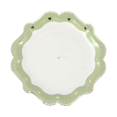 White Green Paper Party Plates with Gold Heart– Set of 8 Romantic Birthday Tableware