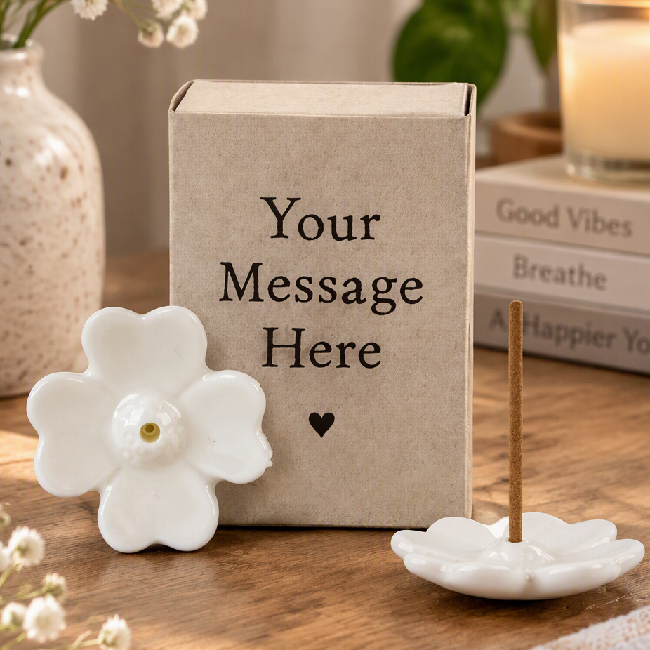 Personalised Porcelain Matchbox Incense Gift Set with White Flower-Shaped Holder