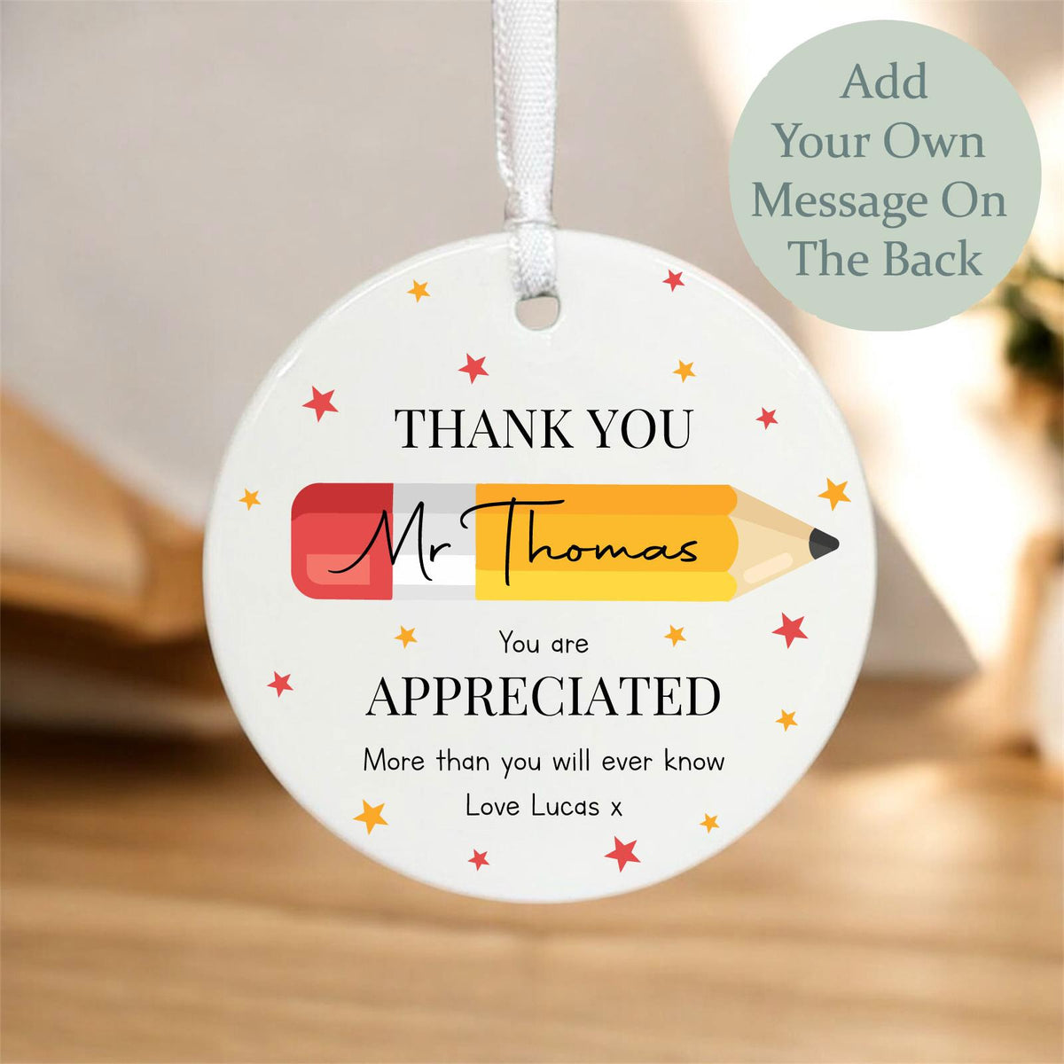 Personalised Teacher Pencil Porcelain Hanging Ornament Thank You Gift 7 cm