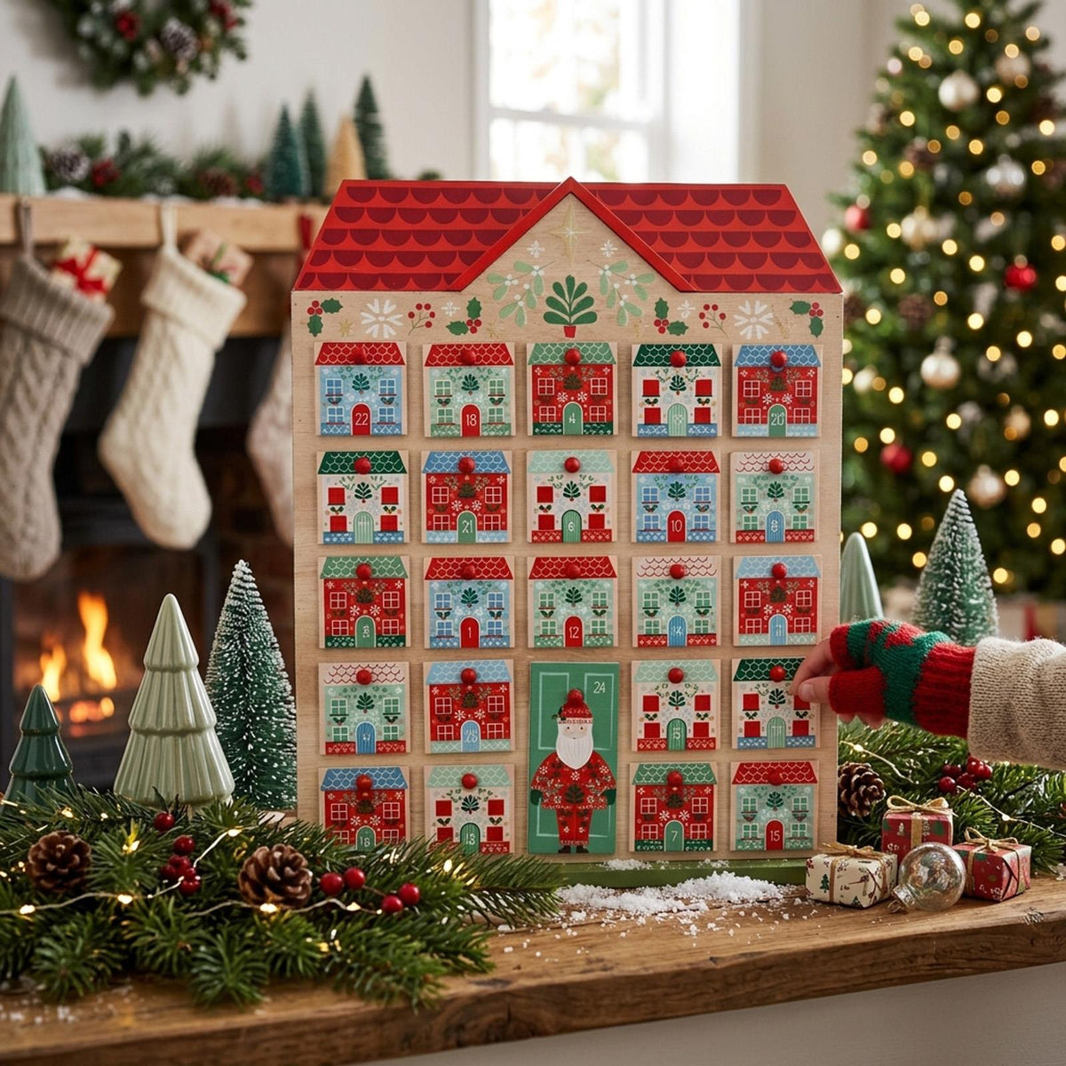 Wood Christmas Advent Calendar Alpine Houses Mini Drawers 1-24 Green Red Festive Decor