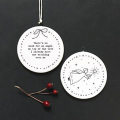 White Porcelain Christmas Bauble, There's No Angel on the Tree Hanging Decoration
