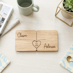 Personalised Couples Coaster with Heart Token, Names and Date Wedding Keepsake Gift