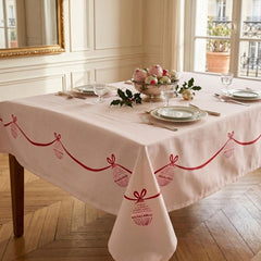 Pink Christmas Tablecloth with Red Bow Edge for Festive Holiday Table Styling 2.4m