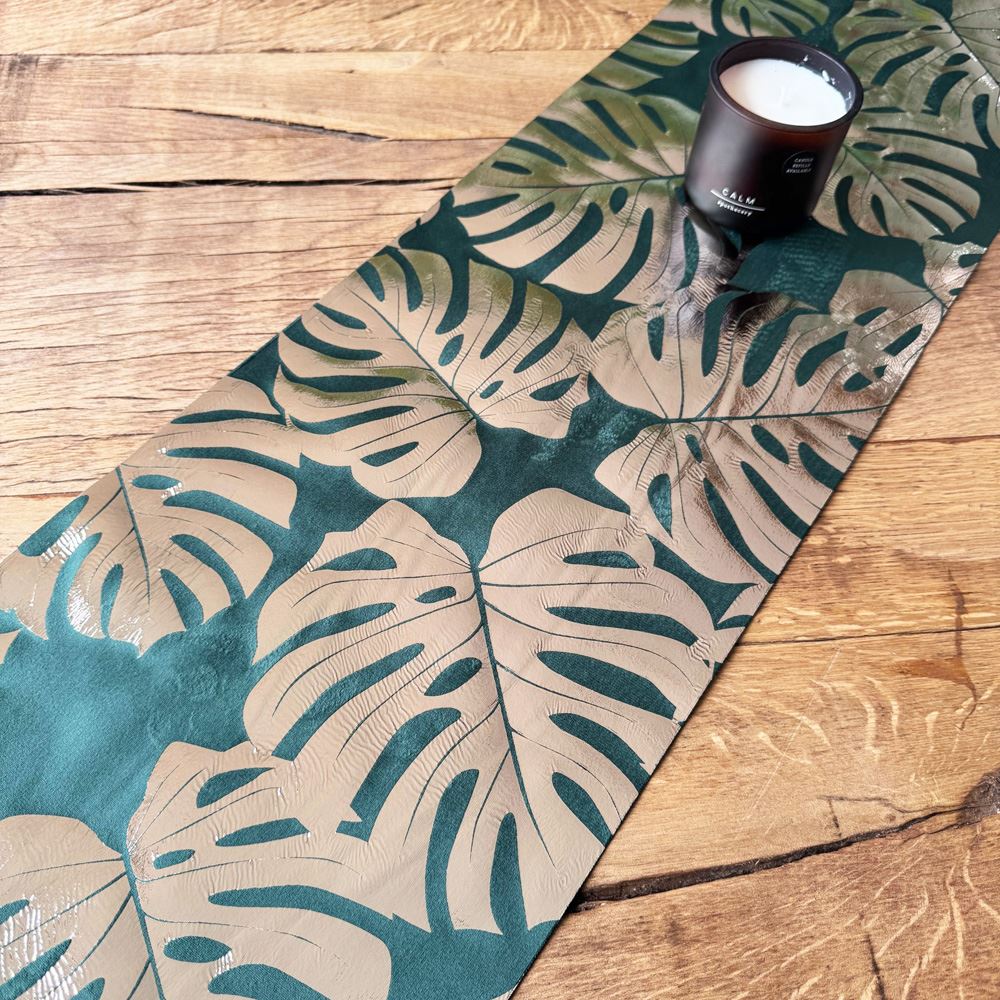 green-and-gold-leaf-tropical-velvet-table-runner-3m|79887|Luck and Luck| 1