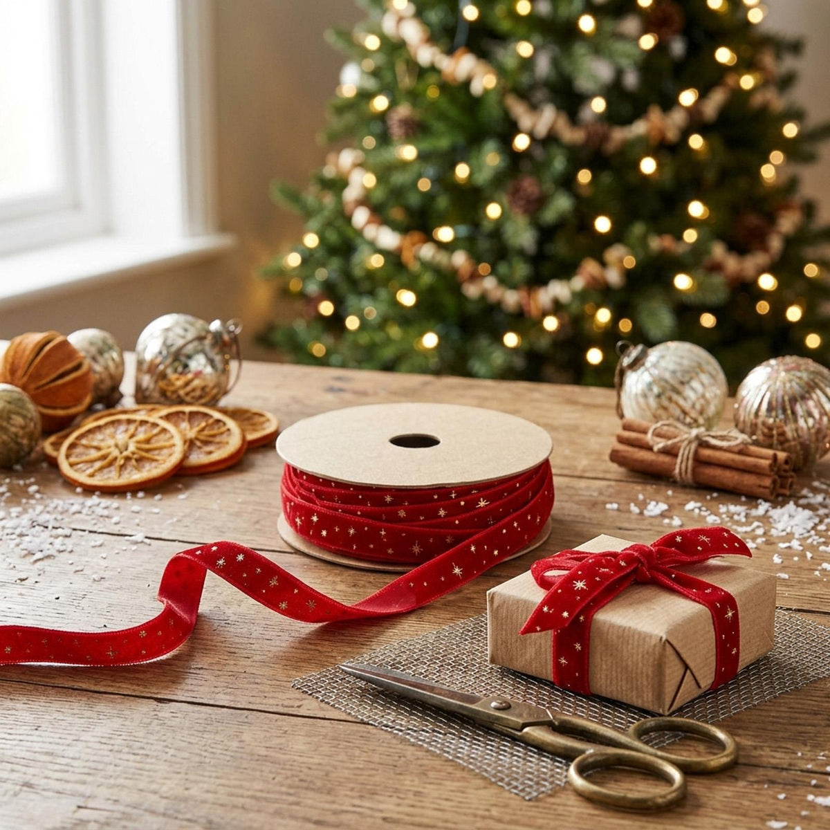 Red Velvet Christmas Ribbon Gold Stars Festive Gift Wrap and Craft Decoration 3m