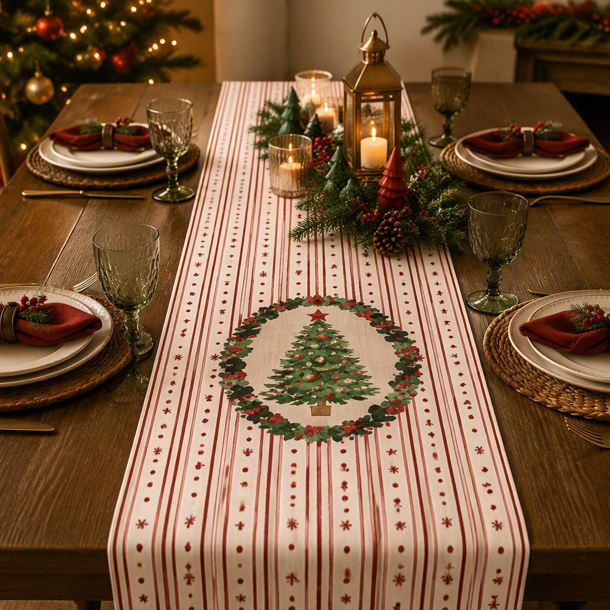 Red Green Christmas Tree Polyester Table Runner Festive Holiday Dining Table Decor 3m