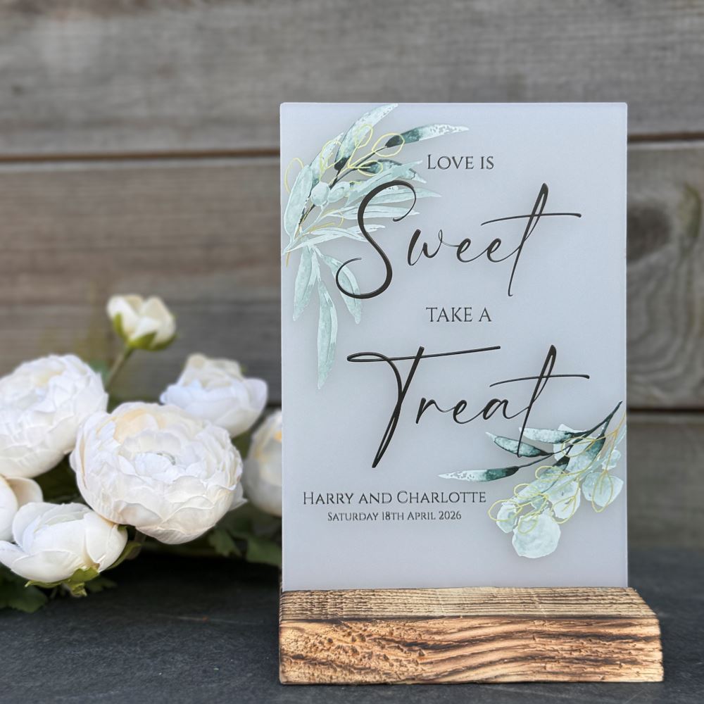 sweet-bar-love-is-sweet-wedding-sign-botanical-personalised-opaque-a5|LLUVWEDSIGND1LISOP|Luck and Luck| 1