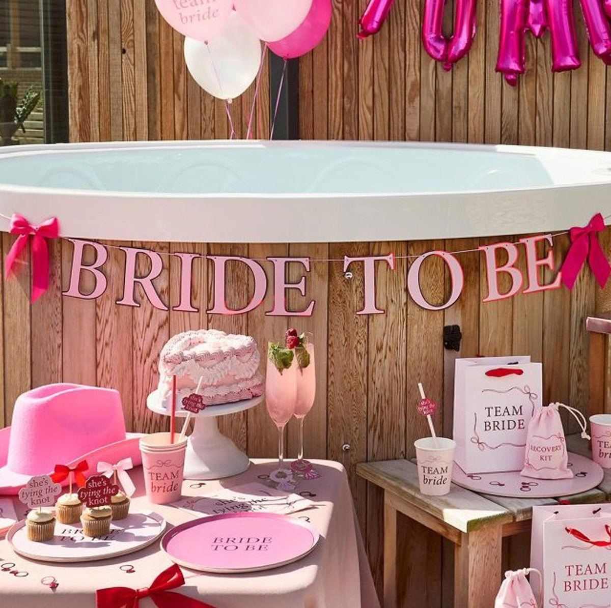Bride To Be Card Banner Wedding Hen Party Backdrop Decoration Pink Satin Bows (200cm)