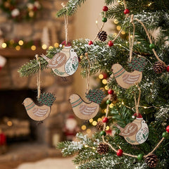 Wooden Green and Brown Bird Hanger Set for Festive Christmas Tree Decor - 8Pk