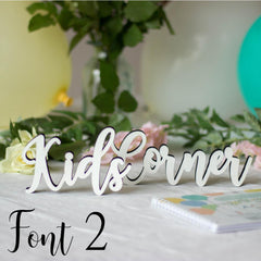 white-kids-corner-wooden-table-sign-wedding-party-event-font-2|LLWWKCMF|Luck and Luck| 1