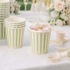 Sage Green Striped Paper Party Cups Pack of 8 for Weddings and Birthdays 7.5 cm