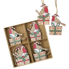 Wooden Birds on Presents Christmas Hanging Decorations for Rustic Festive Homes, Pack of 8