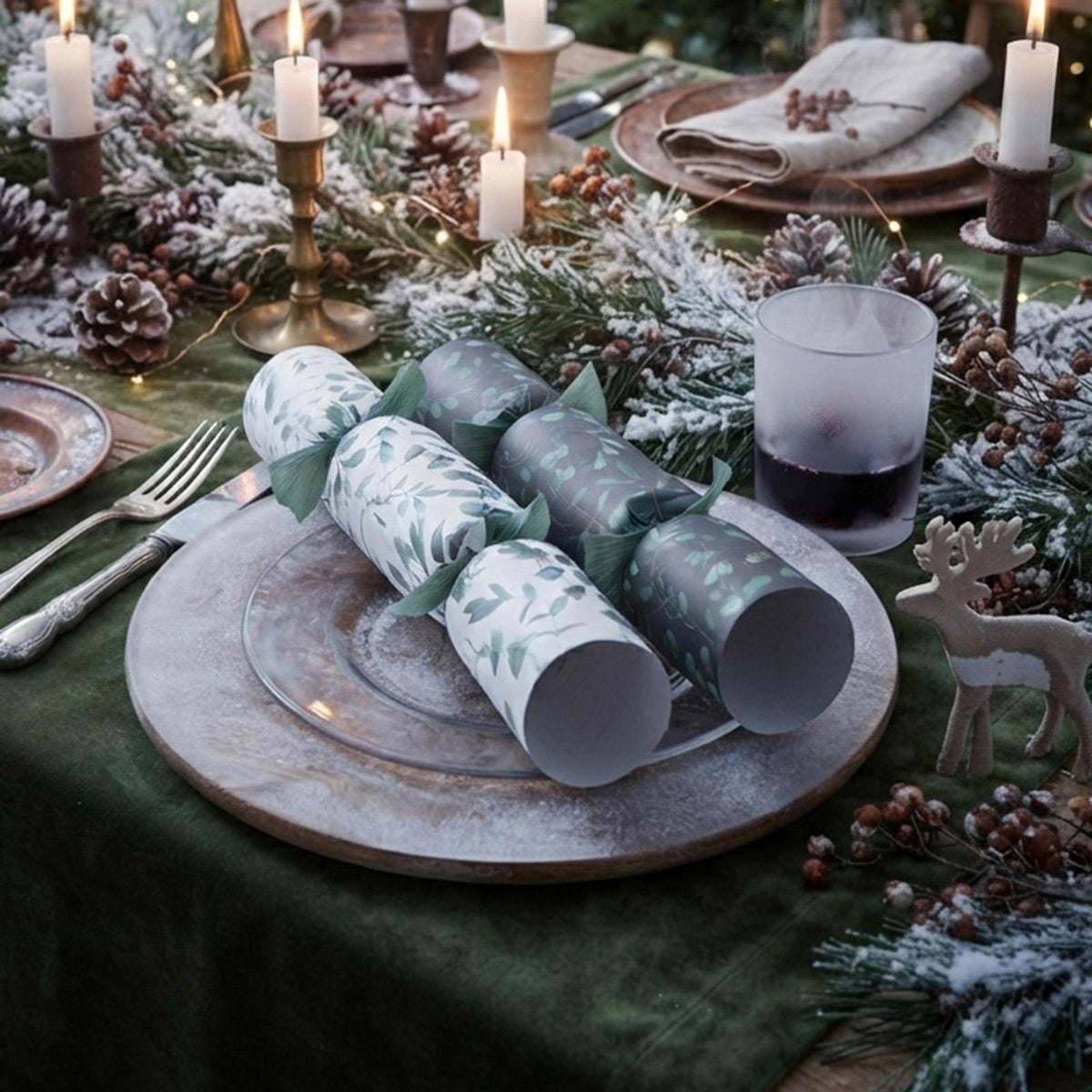 Fresh Eucalyptus Recyclable Christmas Crackers Green White Festive Tableware Set of 12