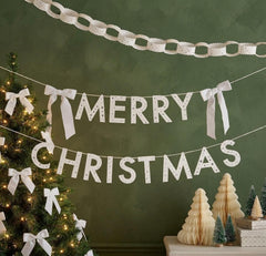 White Gold Merry Christmas Card Banner with Velvet Bows for Festive Home Decor 2m