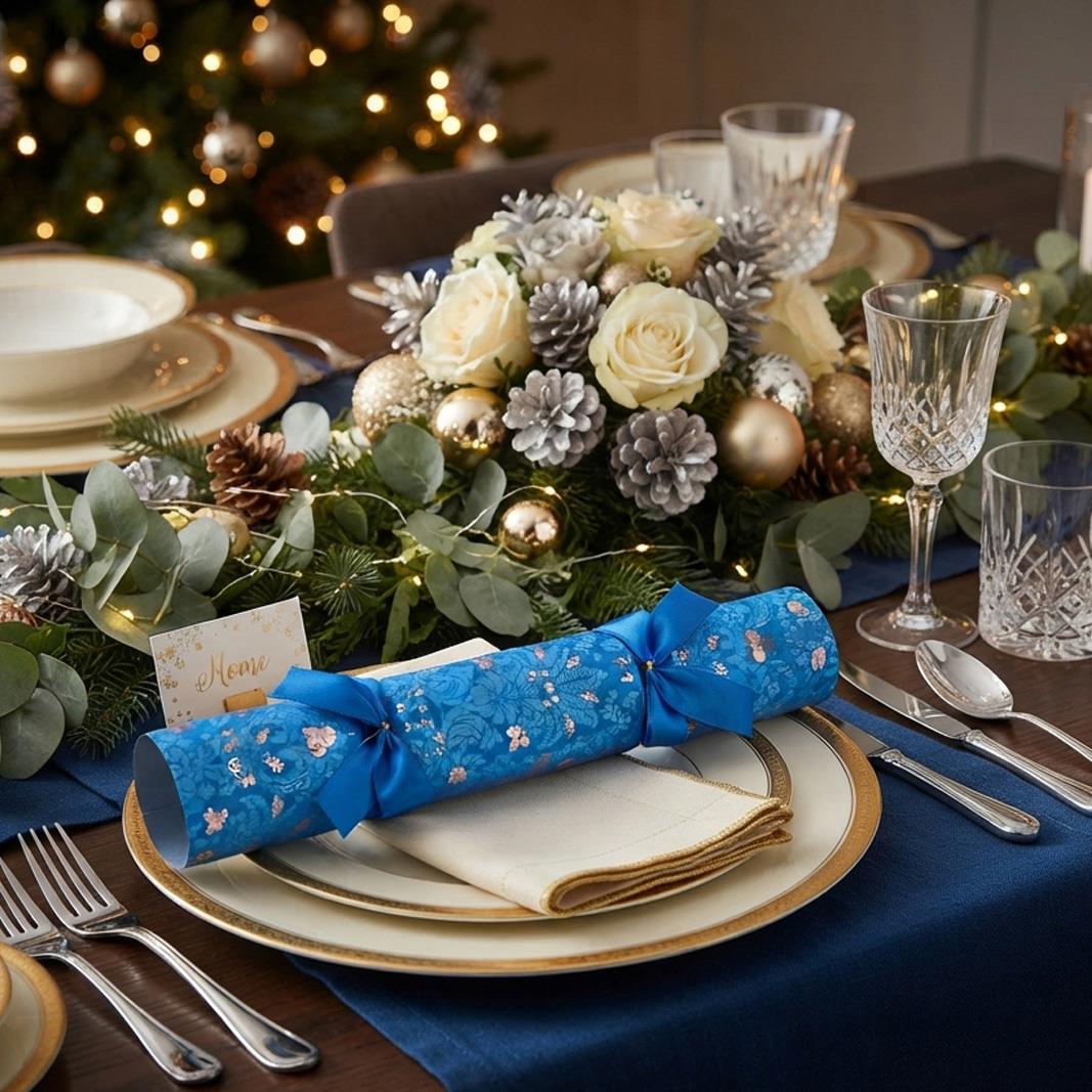 Pub Quiz Game Christmas Crackers Recyclable Blue Festive Party Tableware Set of 6