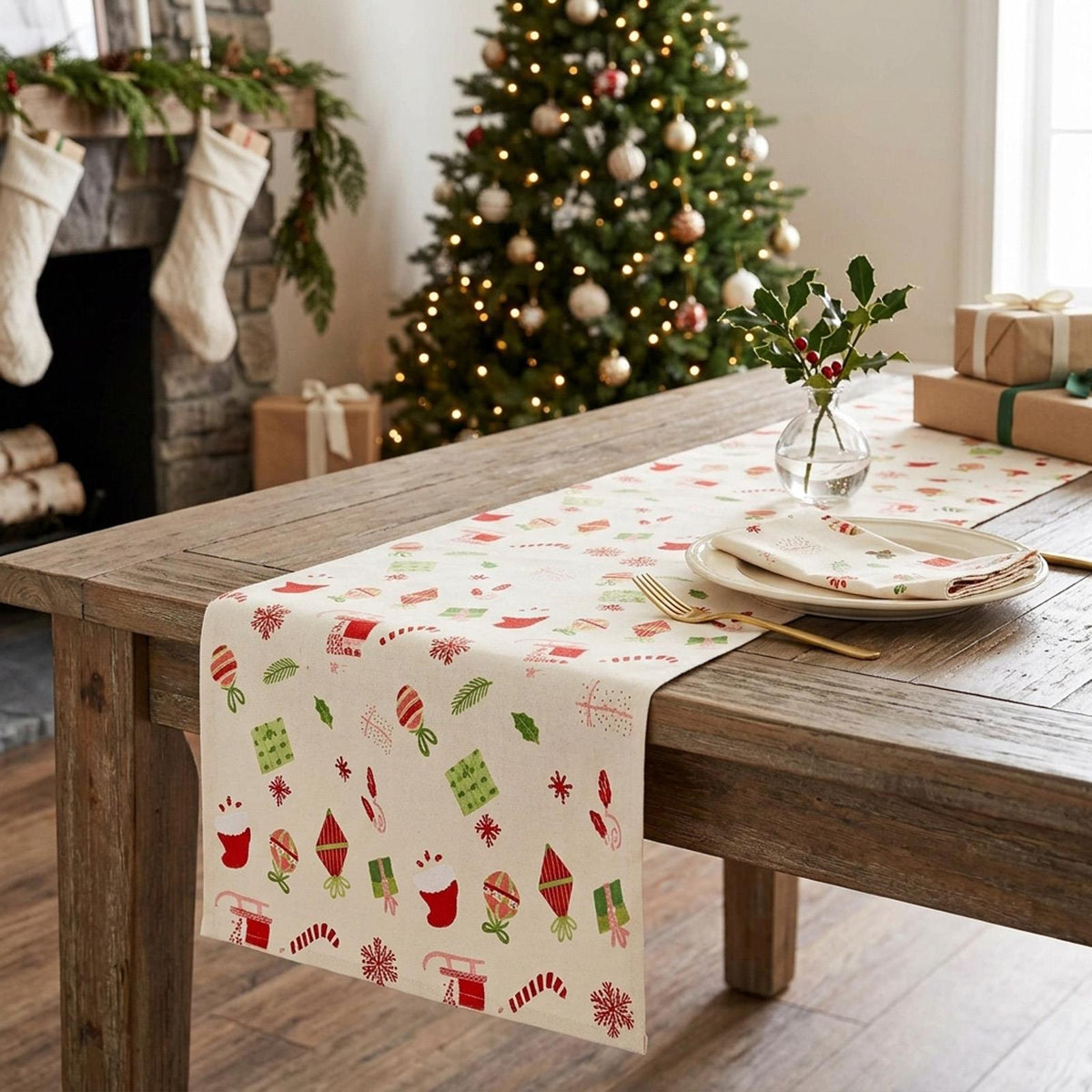 Red Green Christmas Polyester Table Runner Festive Holiday Dining Table Decor 3m