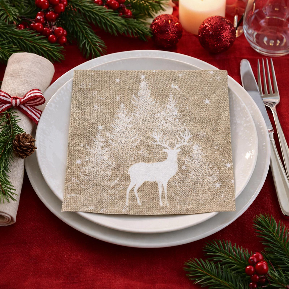 Christmas in the Snow Brown Paper Napkins for Festive Dining (Pack of 20, 16.5 cm)