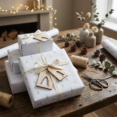White Green Christmas Wrapping Paper with Ribbon and Wooden Tag, Pack of 2