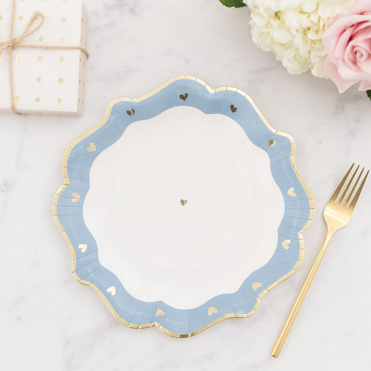 Blue Gold Heart Paper Plates Pack of 8 – 23cm Birthday Party Tableware