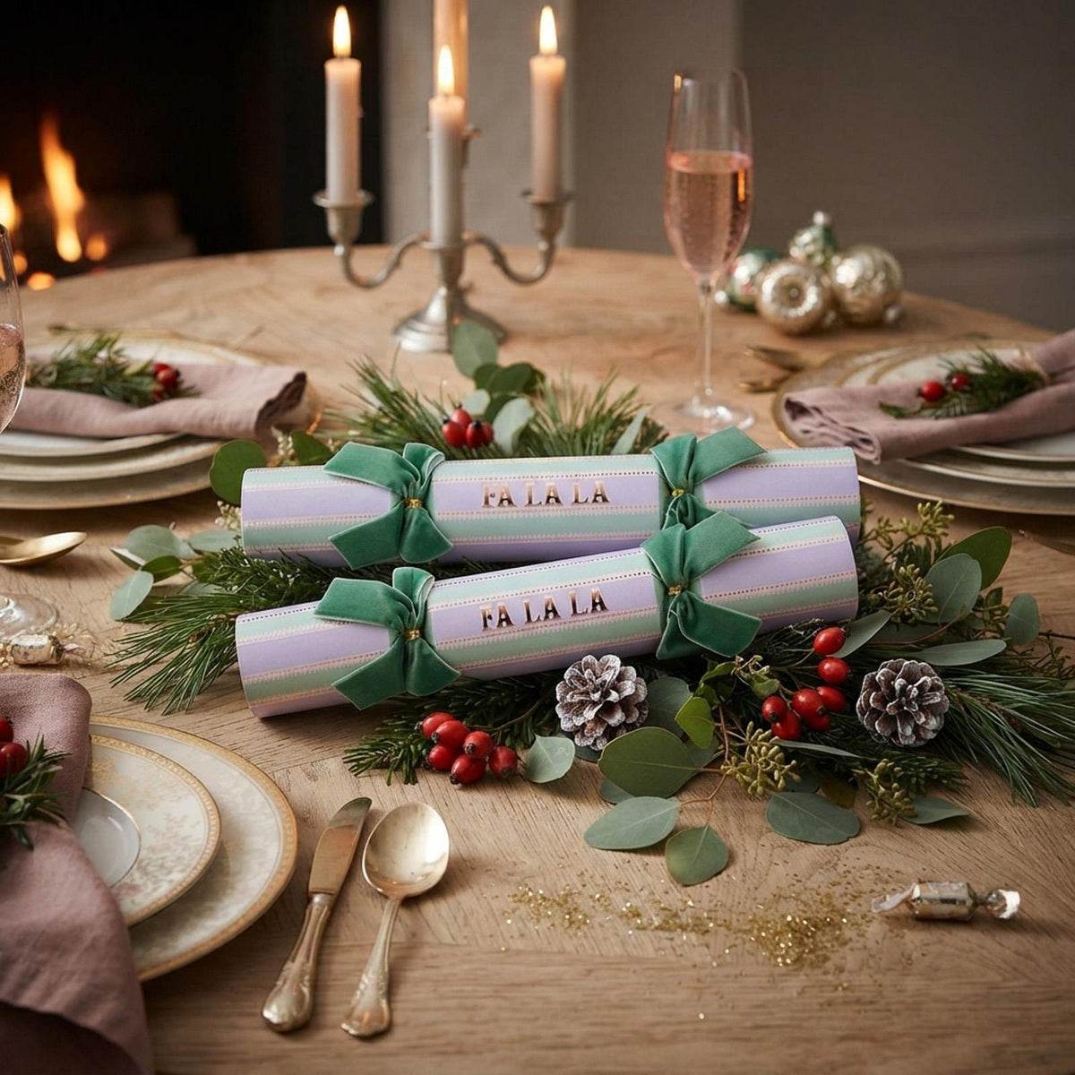 Yvonne Ellen Fa La La Christmas Crackers Green Festive Party Tableware Set of 6