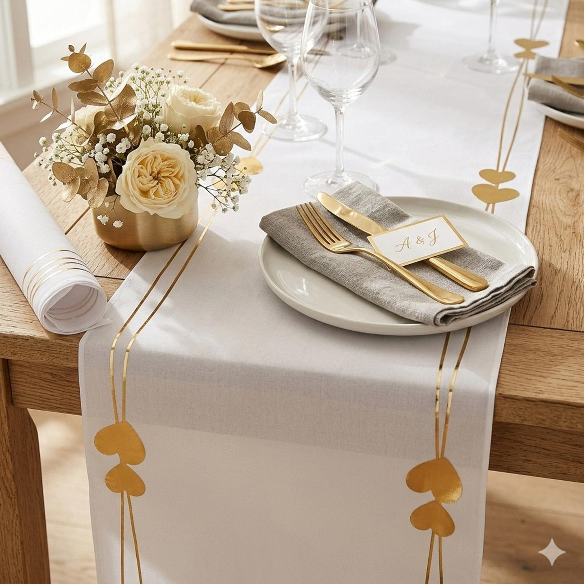 Santex White with Gold Hearts Party Table Runner Fabric x 2.5m