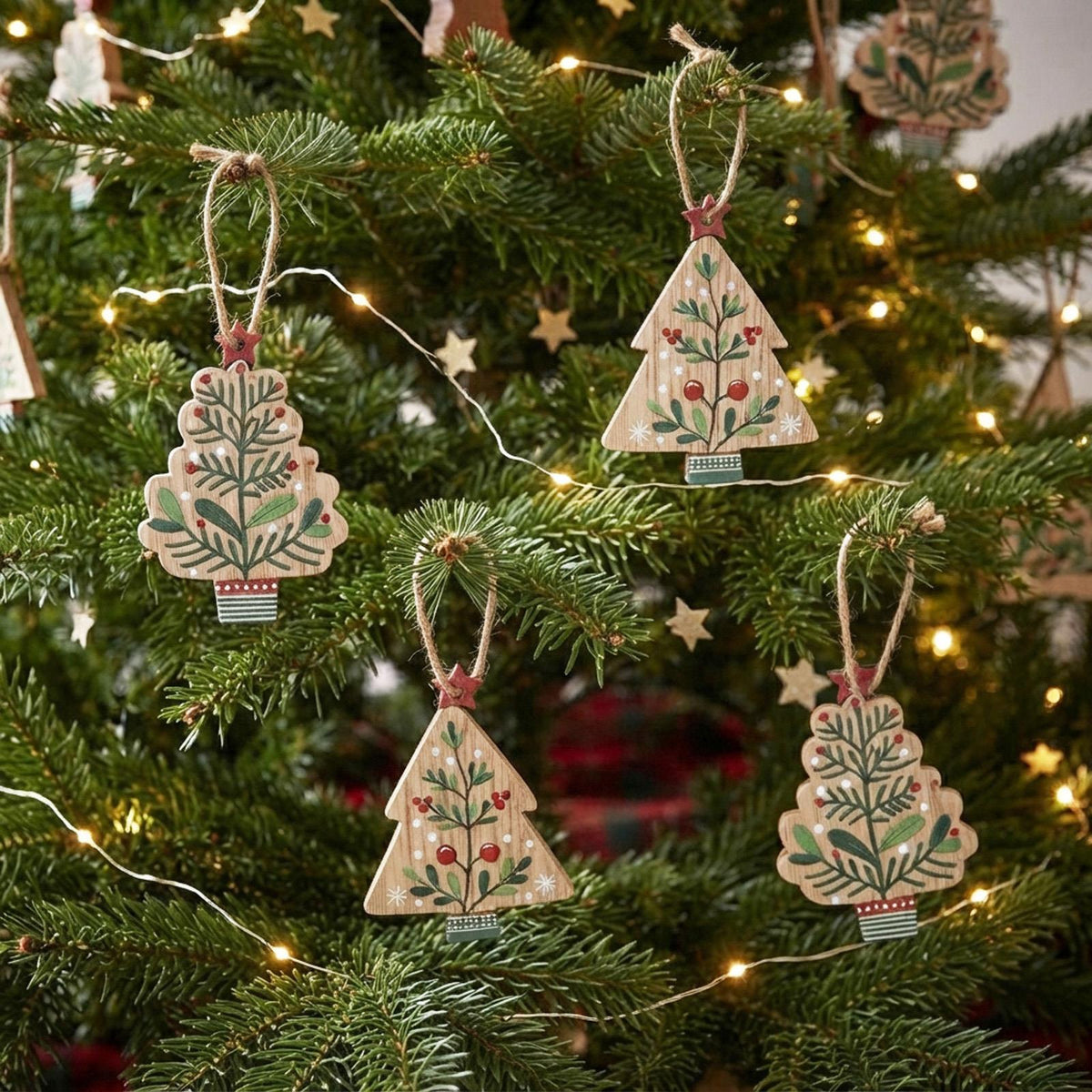 Wooden Christmas Tree Hanging Decorations for Rustic Festive Home Decor, Pack of 8