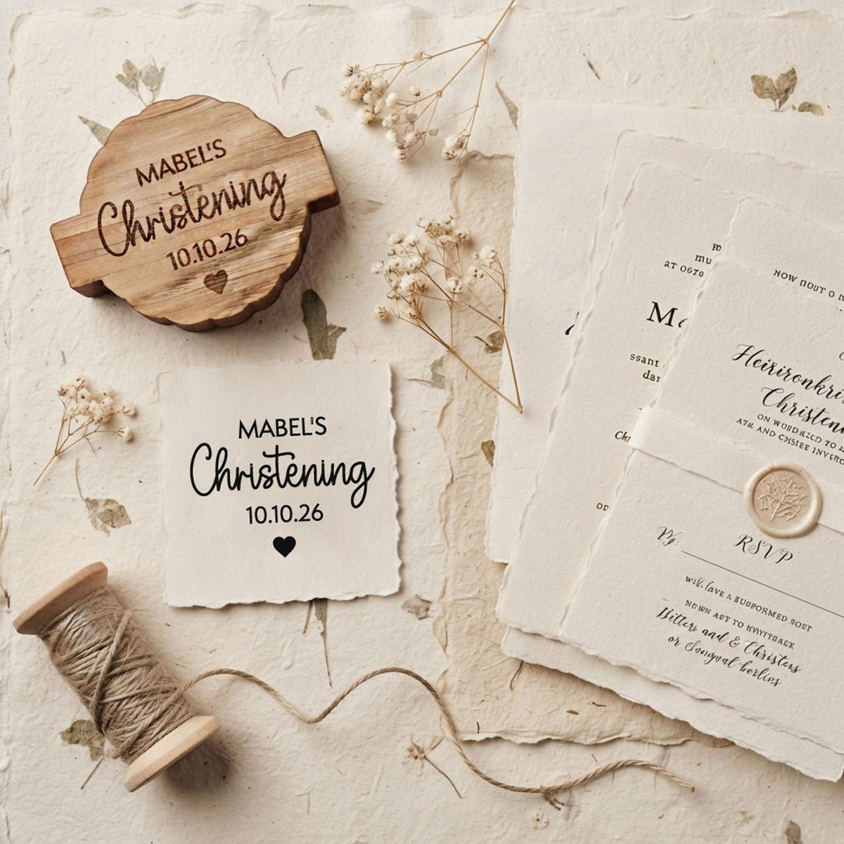 Personalised Christening Rubber Stamp - Custom Name and Date Rustic Celebration Craft