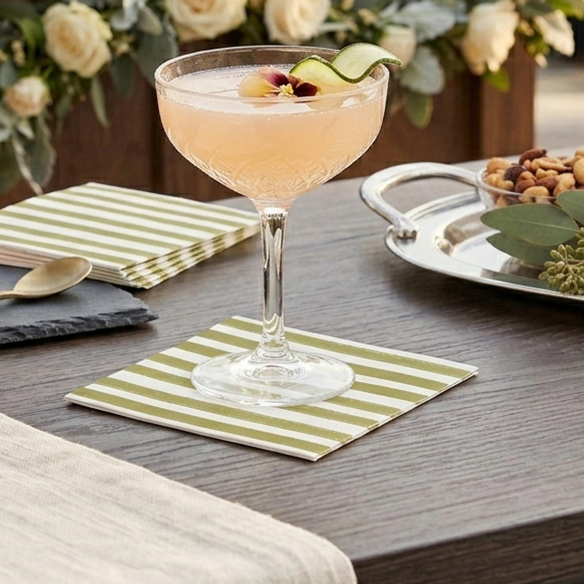 Sage Green Striped Paper Cocktail Napkins for Parties and Weddings (Pack of 16, 12 cm)