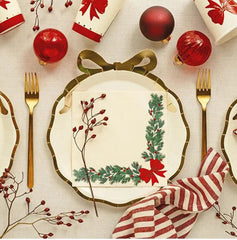 Beige Gold Christmas Bow Paper Plates Festive Holiday Party Tableware Pack of 6