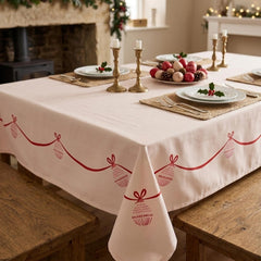 Pink Christmas Tablecloth with Red Bow Edge for Festive Holiday Table Styling 2.4m