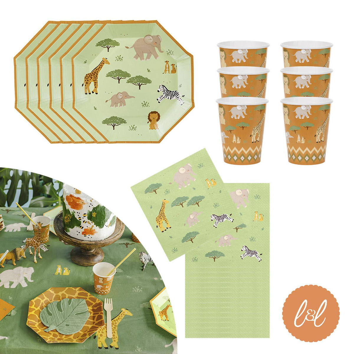 Safari Party Paper Plates, Cups and Napkins Tableware Set (Party Pack for 6)