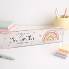 Personalised Welcome To Classroom Rainbow Acrylic Block – Custom Name School Gift