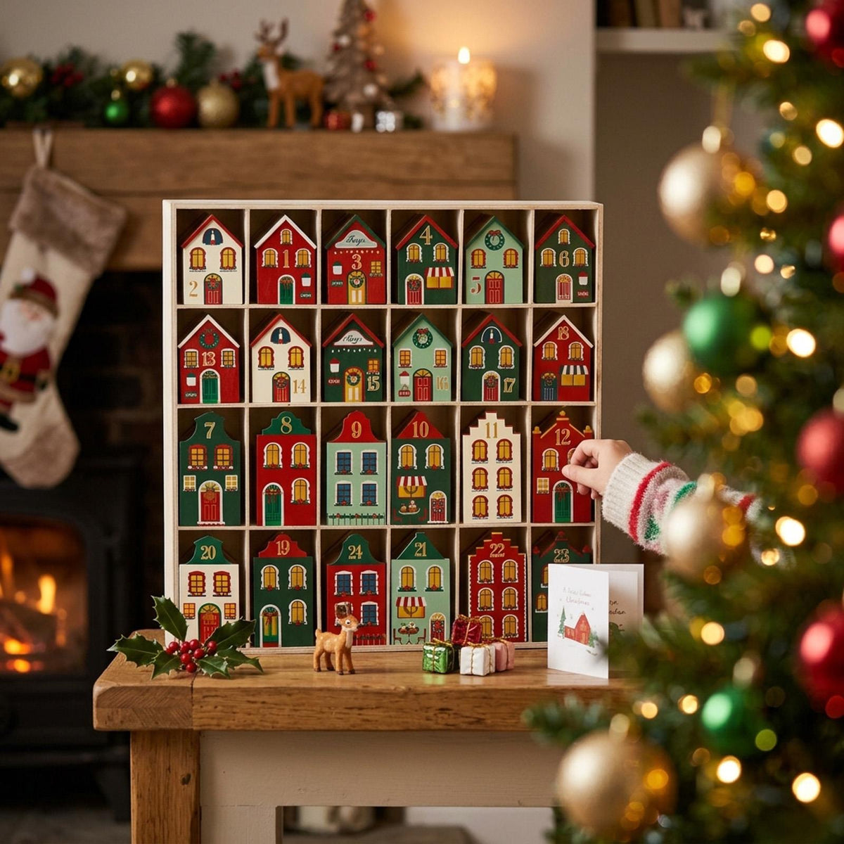 Wood Christmas Advent Calendar Dutch House Village 25 Mini Houses Green Red Festive Decor