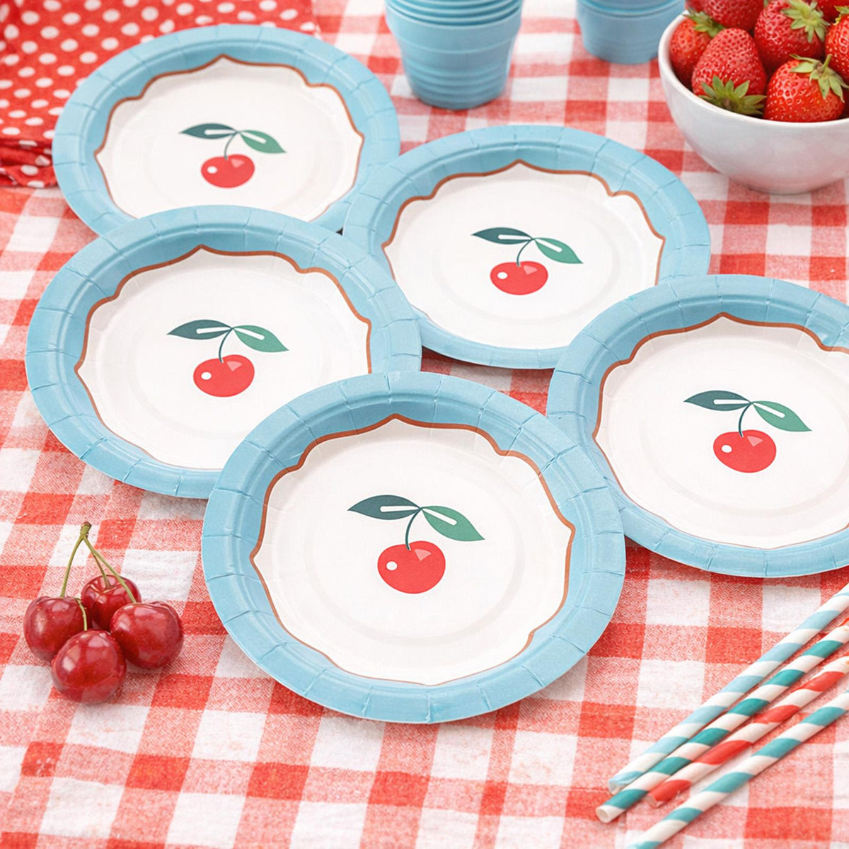 Santex Small Cherry Fruit Design Blue Party Paper Plates, Pack of 6 , 18 cm