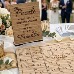 Personalised Rustic Oak Wedding Jigsaw Guest Book with Display Base