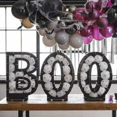 Black Boo Balloon Mosaic with Webs for Whimsical Halloween Party Decorating