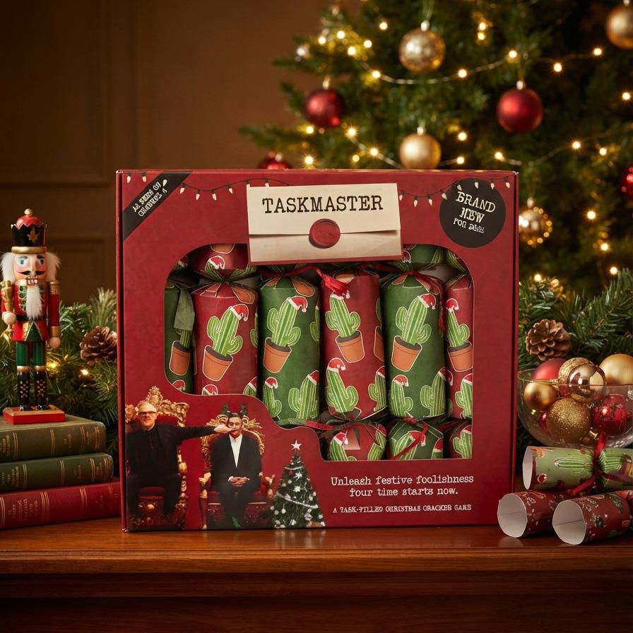 Taskmaster 2026 Festive Christmas Crackers with Hats Jokes and Tasks Pack of 6