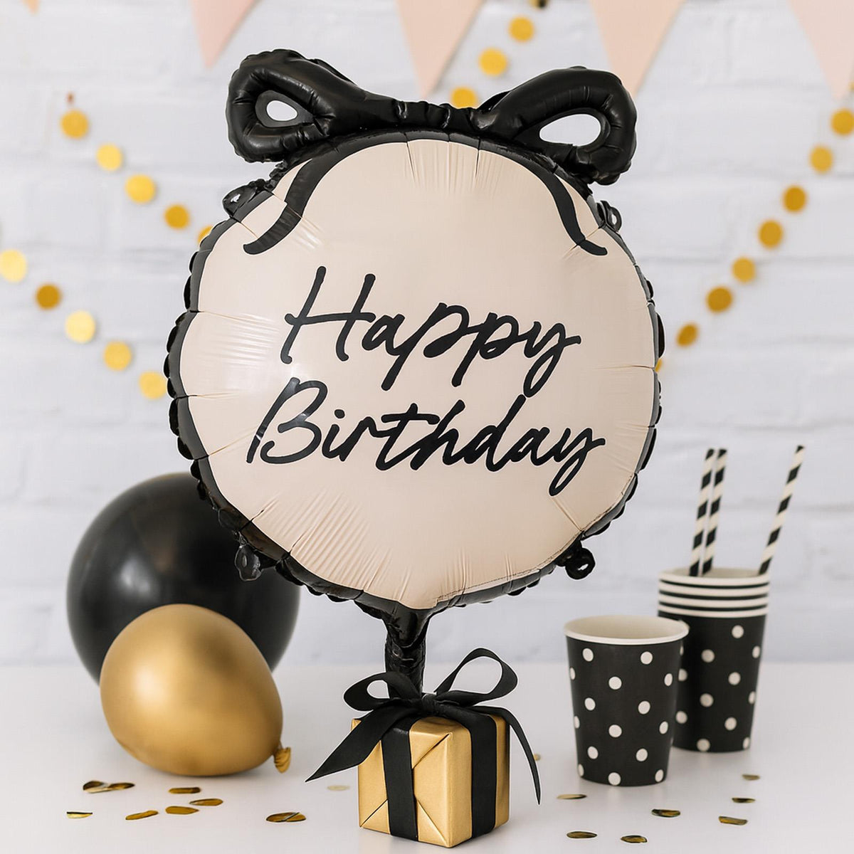 Happy Birthday Foil Balloon Round Cream Black Party Decoration 45cm