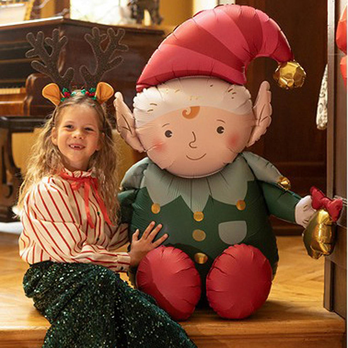 Playful Christmas Elf Foil Balloon Red Green Cheerful Party Decoration