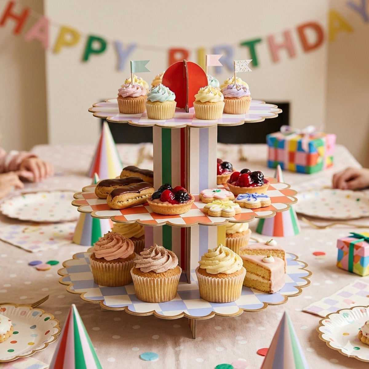Playful Brights 3 Tier Paper Cake Stand For Birthday Dessert Tables (36 cm)