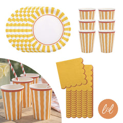 Yellow Striped Paper Plates, Cups and Napkins Tableware Set (Party Pack for 6)
