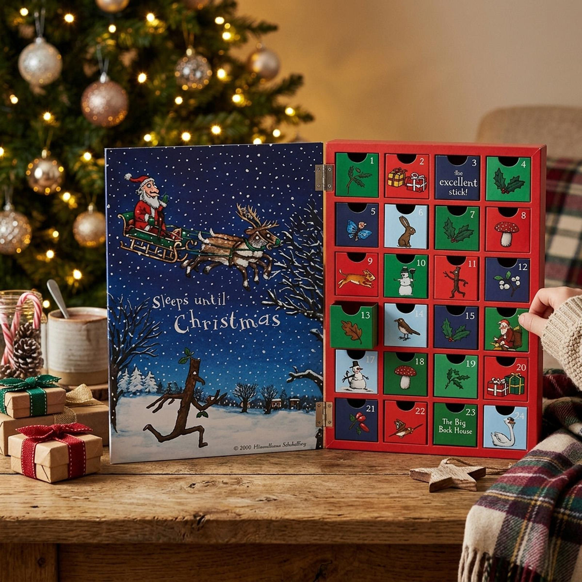 Wood Christmas Advent Calendar Stick Man Santa Mini Drawers Green Red Festive Decor