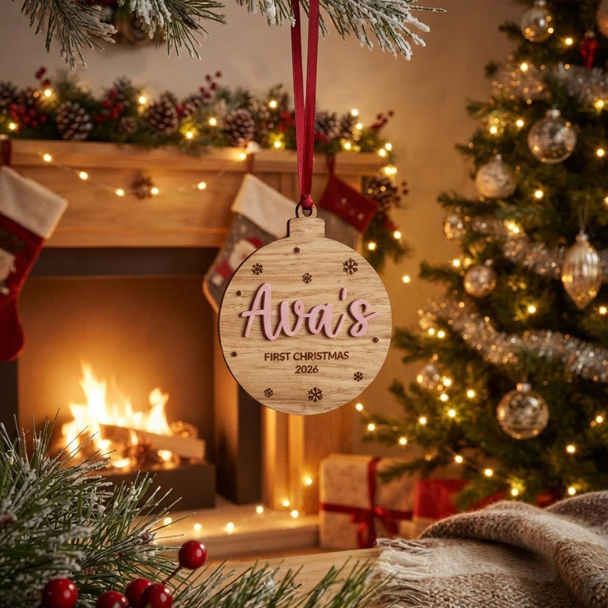 Personalised Baby's First Christmas Bauble, Oak Hanging Tree Decoration Keepsake